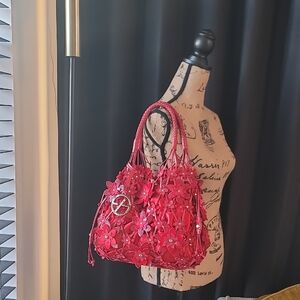 Francesco Biasia Red Woven Leather Tote w/ Floral Detail + Removable Satin Pouch